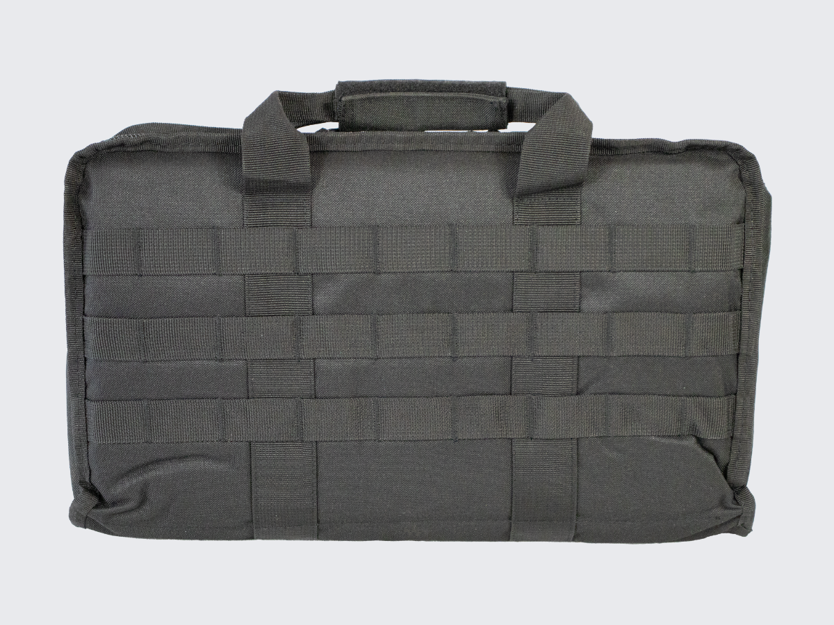 Musta aselaukku kahdelle pistoolille, lippaille sekä muille tarvikkeille. Black cun case for two pistols, pistol magazines and other equipments.