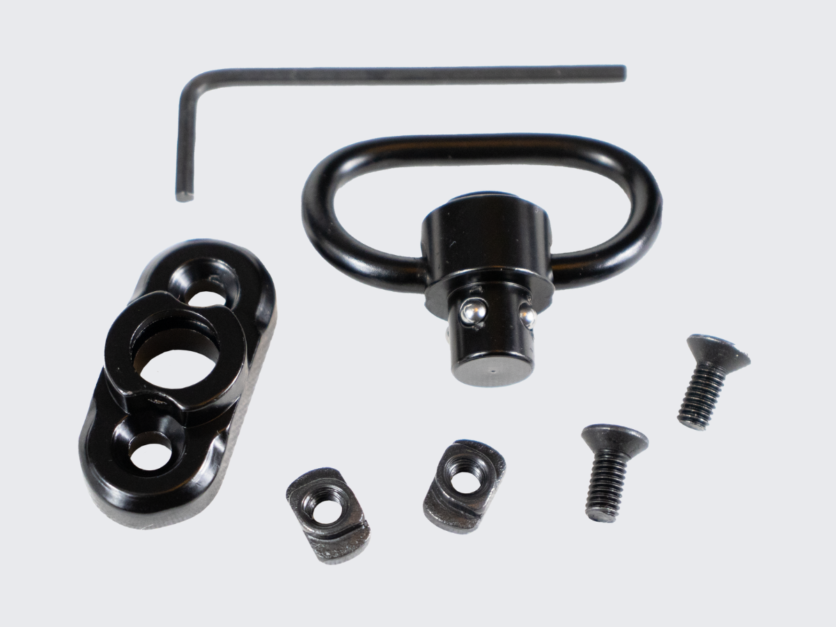7 osainen adapterisarja hihnalenkin kiinnittämiseen M-LOK® kiskoon pikakiinnitteisellä Push Button hihnalenkillä. 7-piece adapter kit for attaching a belt loop to an M-LOK® rail with a quick-detach Push Button sling swivel.