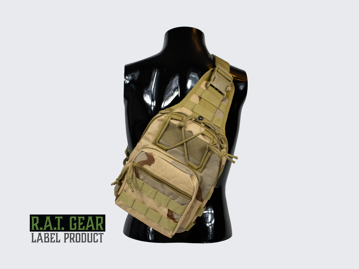 Desert Camo kuvioinen pienikokoinen 6 litran olkareppu jokapäiväiseen käyttöön. Desert Camo pattern compact 6 liter sling bag for everyday use.