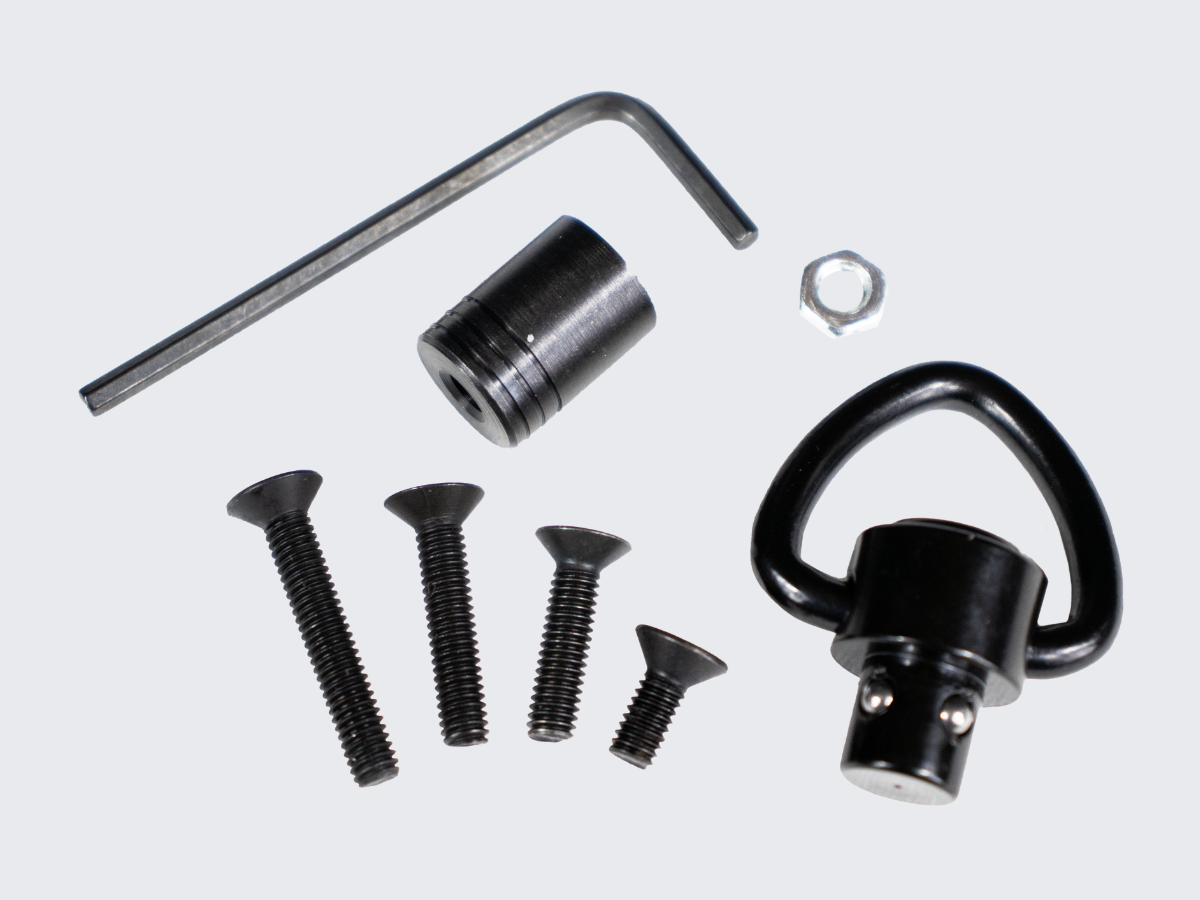 8 osainen Push Button-sarja asehihnan kiinnittämiseen kivääriin pikakiinnitteisellä Push Button hihnalenkillä. 8-piece Push Button set for attaching a gun belt to a rifle with a quick-attach Push Button belt loop.