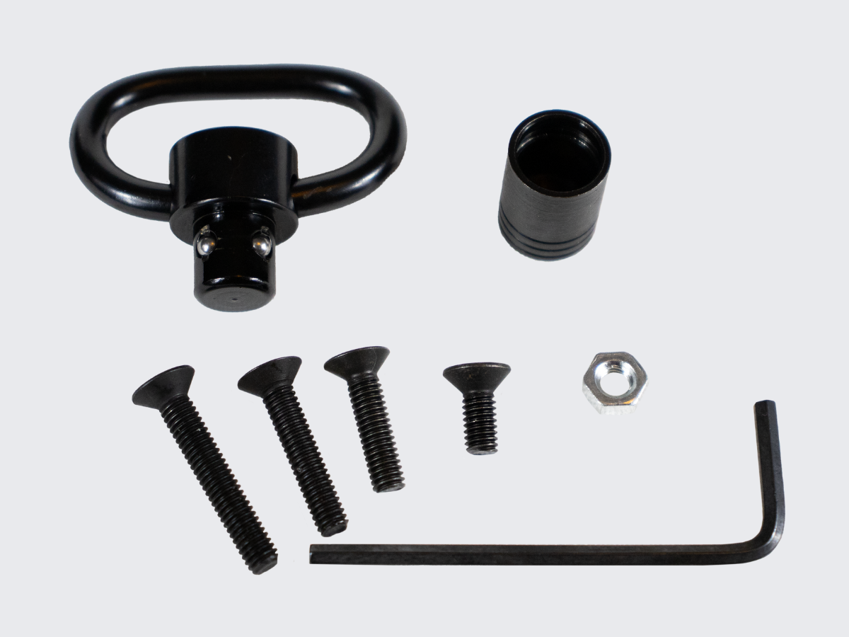 8 osainen Push Button-sarja asehihnan kiinnittämiseen kivääriin pikakiinnitteisellä Push Button hihnalenkillä. 8-piece Push Button set for attaching a gun belt to a rifle with a quick-attach Push Button belt loop.