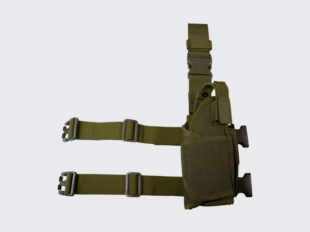 Oikeakätinen vihreä Canvas reisikotelo pistoolille. Right handed green Canvas drop leg holster for pistol.