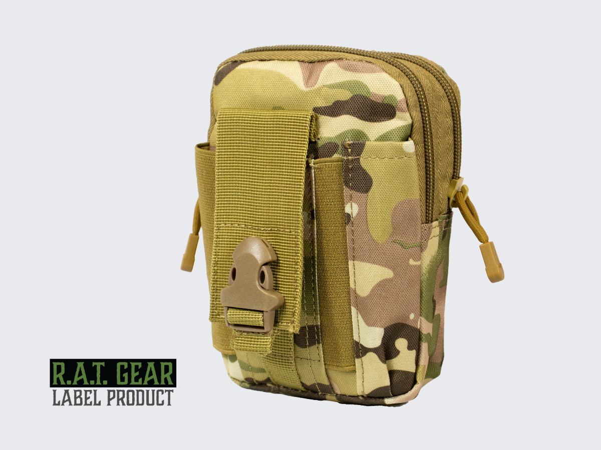Camo kuvioinen MOLLE varustetasku soljella reppuun, varusteliiviin tai vyölle. Camo pattern MOLLE gear pouch with buckle for backpack, gear vest or belt.