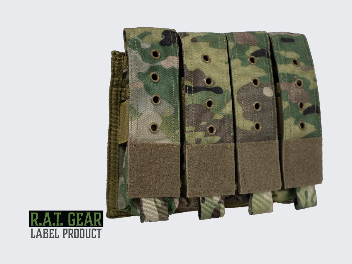 Camo kuvioinen varustetasku / lipastasku neljälle pistoolin lippaalle tai muille varusteille. Camo pattern equipment pouch / magazine pouch for four pistol magazines or other equipment.
