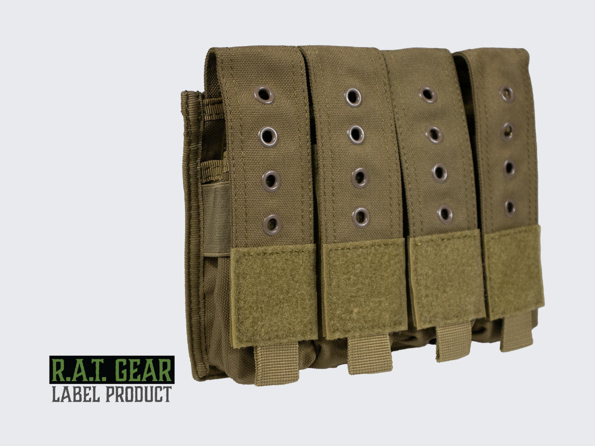 Hiekan värinen varustetasku / lipastasku neljälle pistoolin lippaalle tai muille varusteille. Tan color equipment pouch / magazine pouch for four pistol magazines or other equipment.