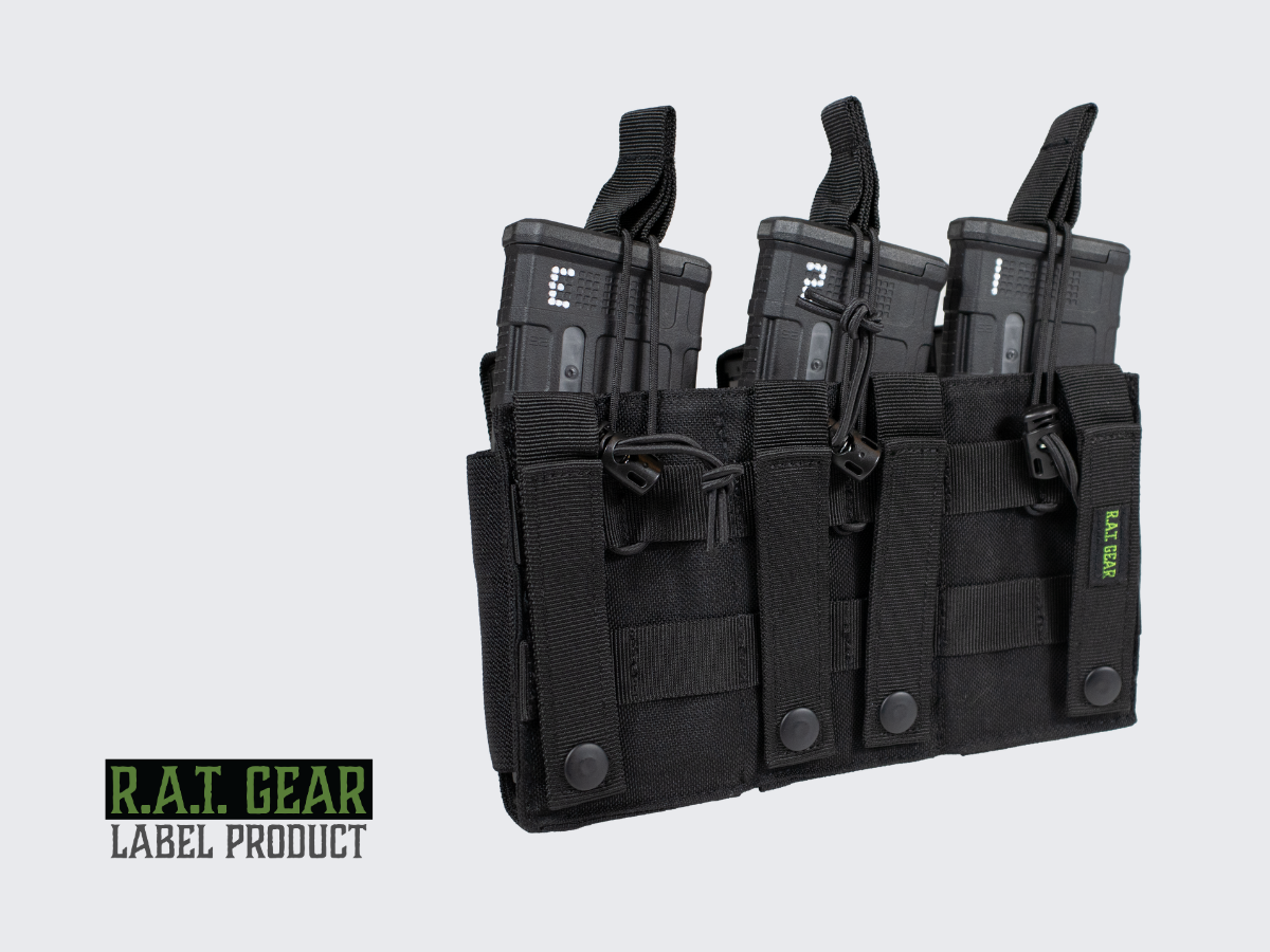 Musta lipastasku 3+3 kiväärin ja pistoolin lippaille taisteluvyölle tai taisteluliiviin. Black magazine pouch for 3+3 rifle and pistol magazines for combat belt or combat vest.