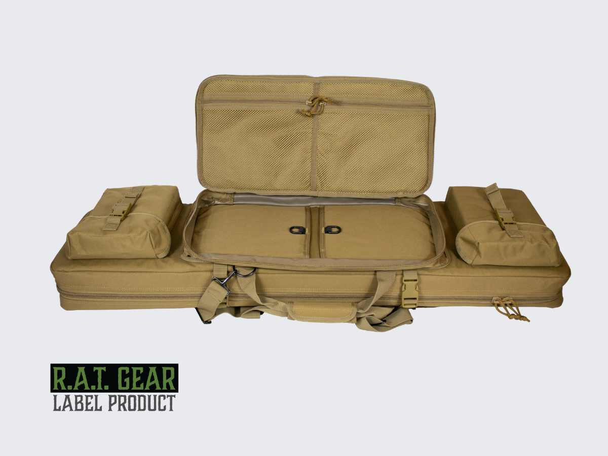 Hiekan värinen aselaukku Eagle 36 kahdelle max. 90 senttimetriselle aseelle ja kahdelle pistoolille. Tan colored Gun bag Eagle 36 for two max. 90 cm guns and for two pistols.