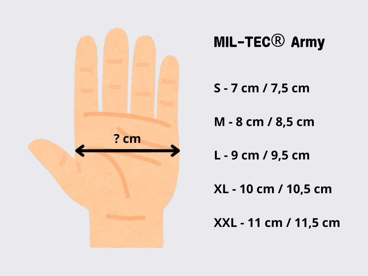 Mil-Tec® Army käsineiden mittataulukko. Mil-Tec® Army gloves size chart.