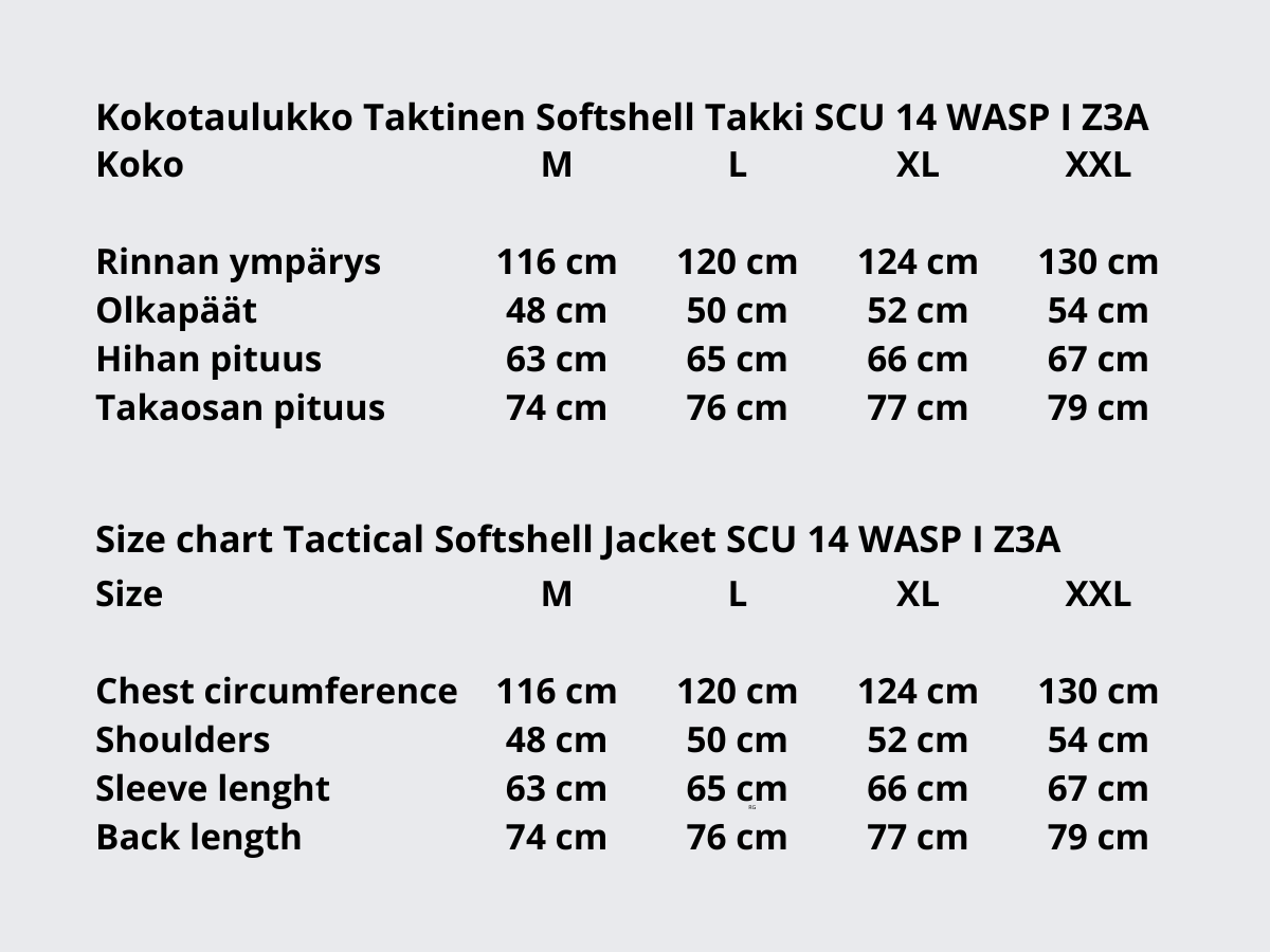 Kokotaulukko Taktinen Softshell Takki SCU 14 WASP I Z3A. Tactical Softshell Jacket SCU 14 WASP I Z3A. Size chart Tactical softshell jacket SCU 14 WASP I Z3A.