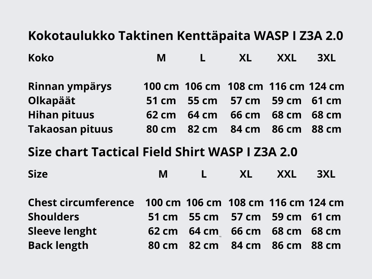 Kokotaulukko Taktinen Kenttäpaita WASP I Z3A. Size chart Tactical Field Shirt WASP I Z3A 2.0.