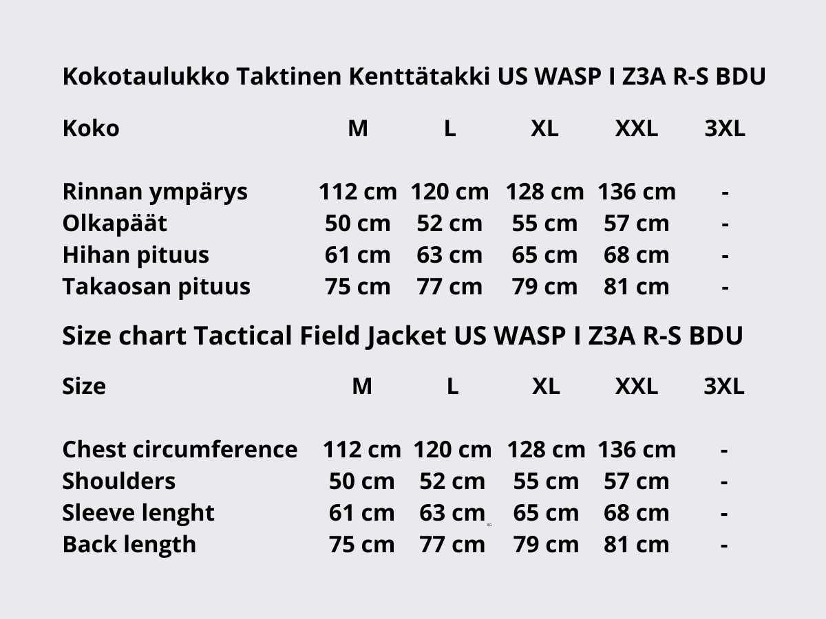 Kokotaulukko Taktinen Kenttätakki US WASP I Z3A R-S BDU. Size chart for Tacical Field Jacket US WASP I Z3A R-S BDU.