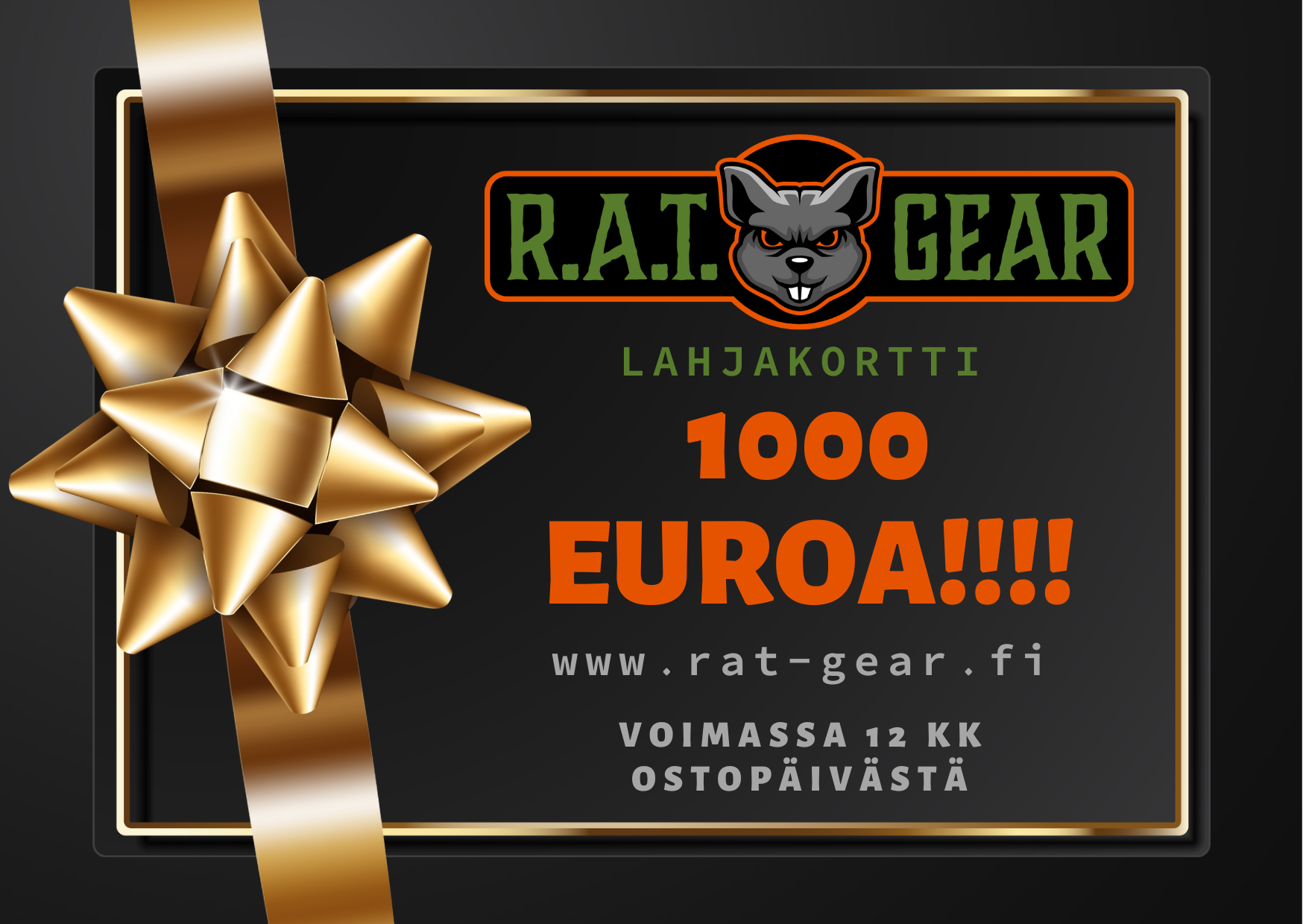 R.A.T. GEAR lahjakortti. Lahjakortin arvo 1000 euroa. Lahjakortti voimassa 12 kuukautta ostopäivämäärästä.
