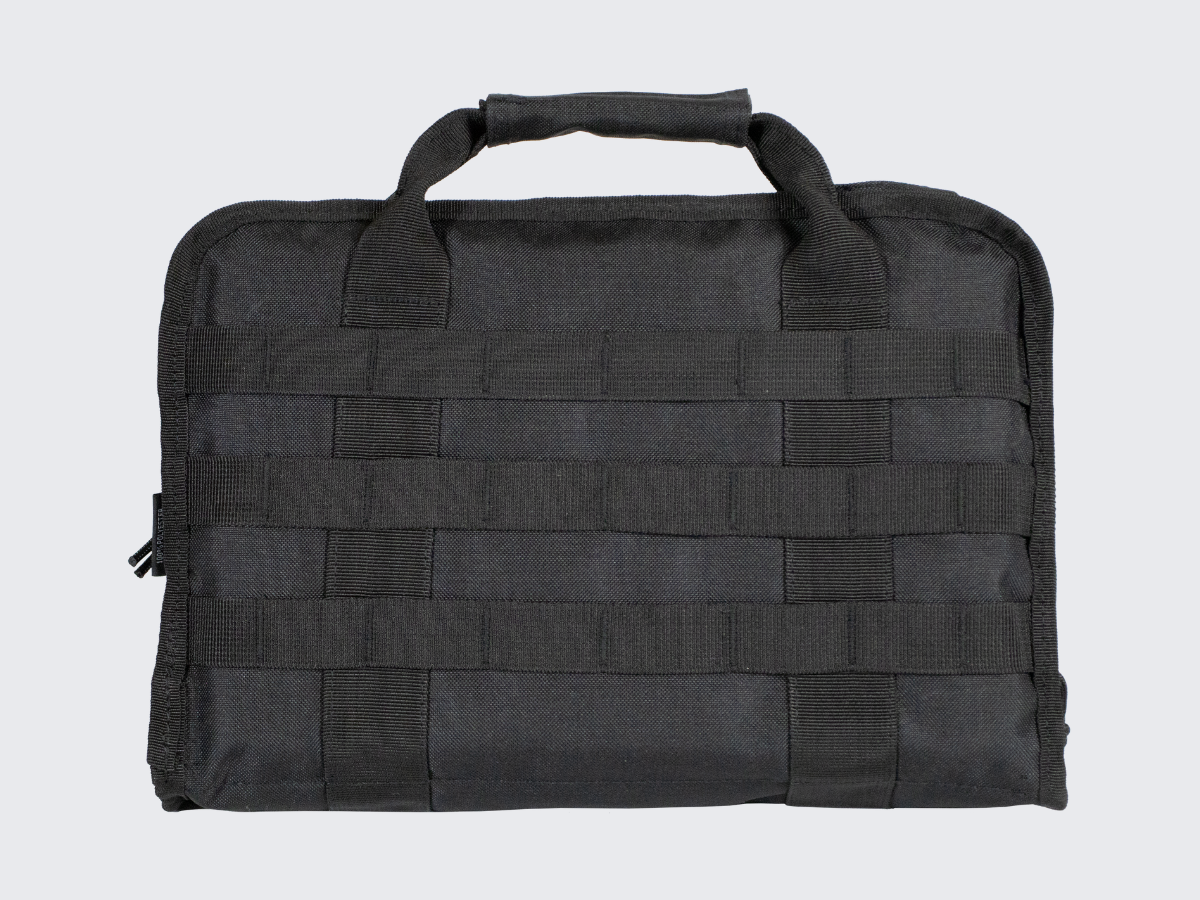 Musta pieni aselaukku kahdelle pistoolille, lippaille sekä muille tarvikkeille. Black small cun case for two pistols, pistol magazines and other equipments.