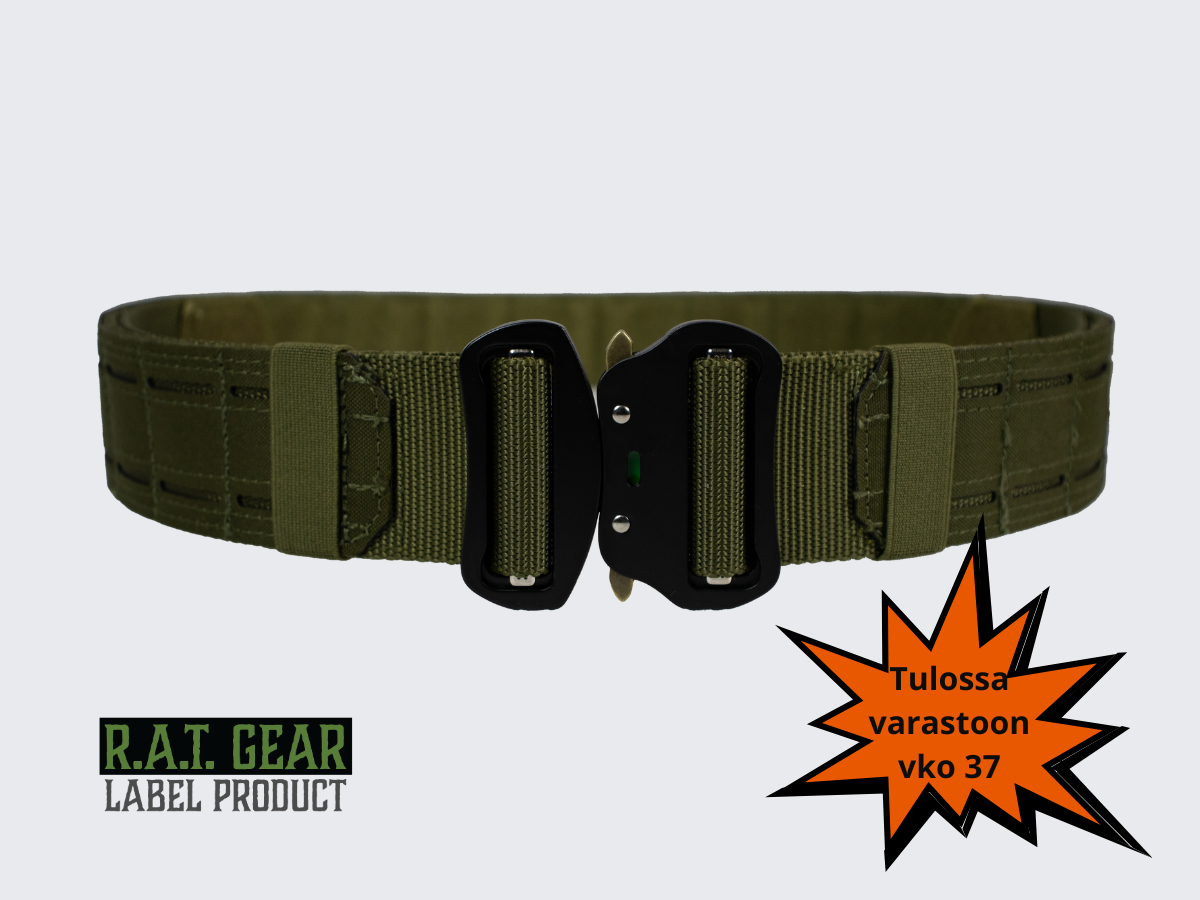 Vihreä Asevyö / Varustevyö alusvyöllä. Gröna vapenbälte / Utrustningsbälte med innerbälte. Green Gun Belt / Gear Belt with Inner Belt.
