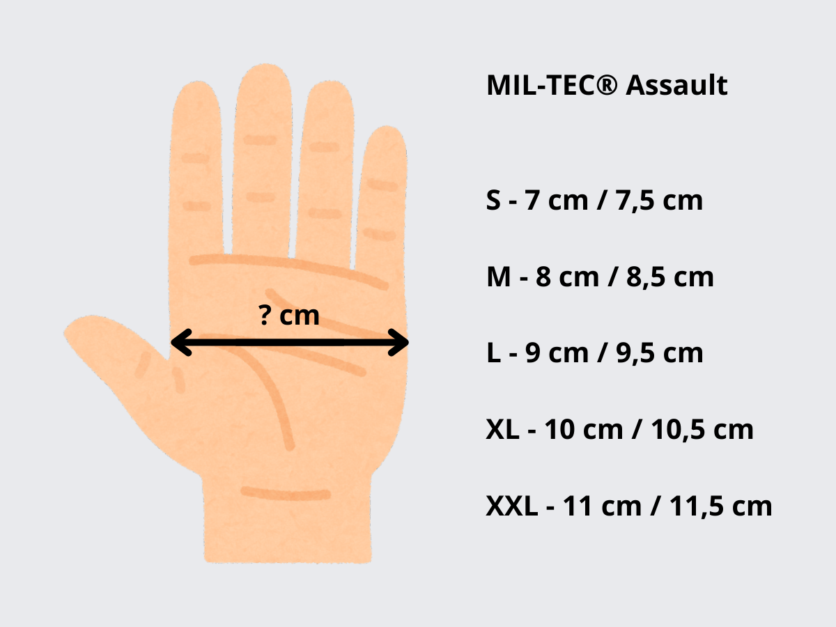 Mil-Tec® Assault käsineiden mittataulukko. Mil-Tec® Assault gloves size chart.