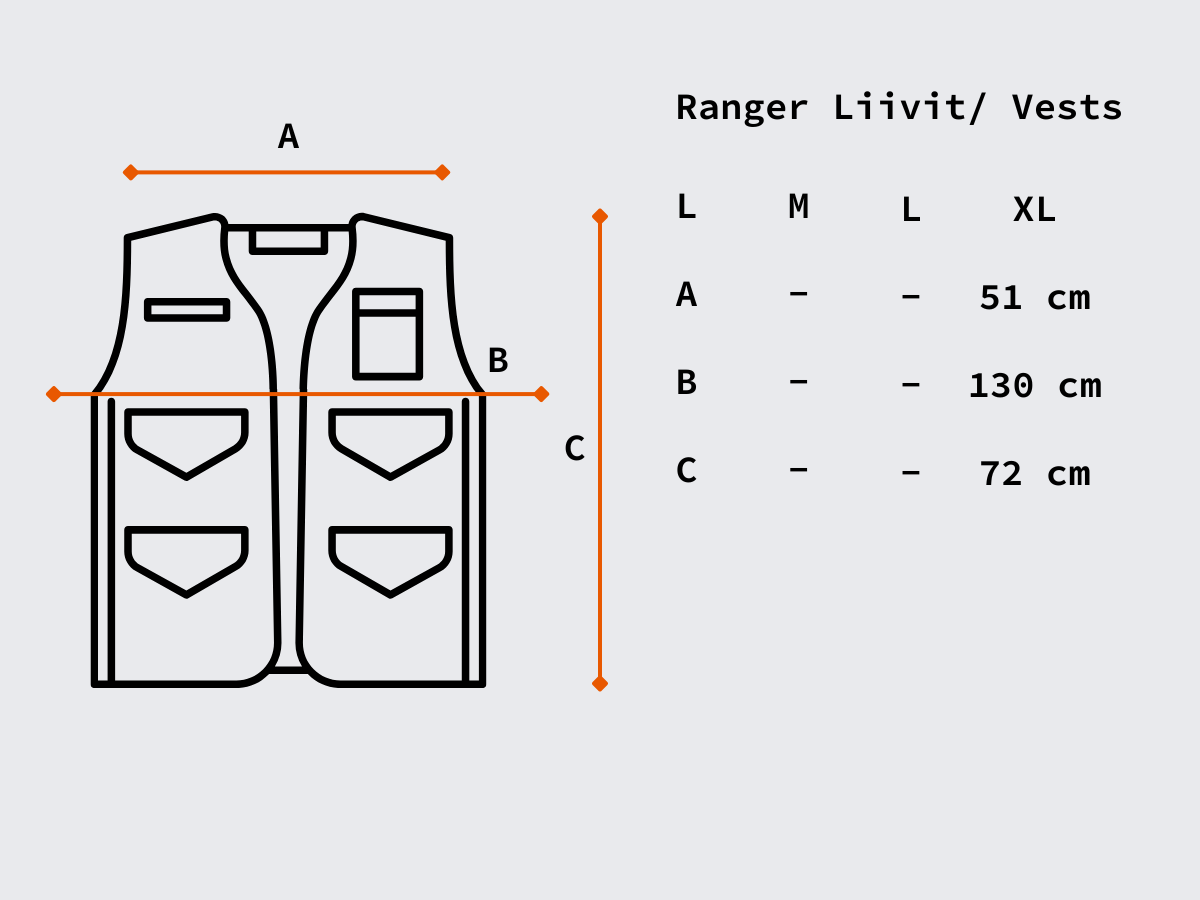 Kokotaulukko Ranger Liivit. Size chart Ranger vests.