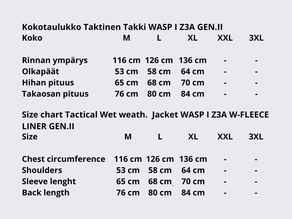 Kokotaulukko Taktinen Takki WASP I Z3A GEN.II. Size chart Tactical Jacket WASP I Z3A WET WEATH.JACKET W-FLEECE LINER GEN.II.