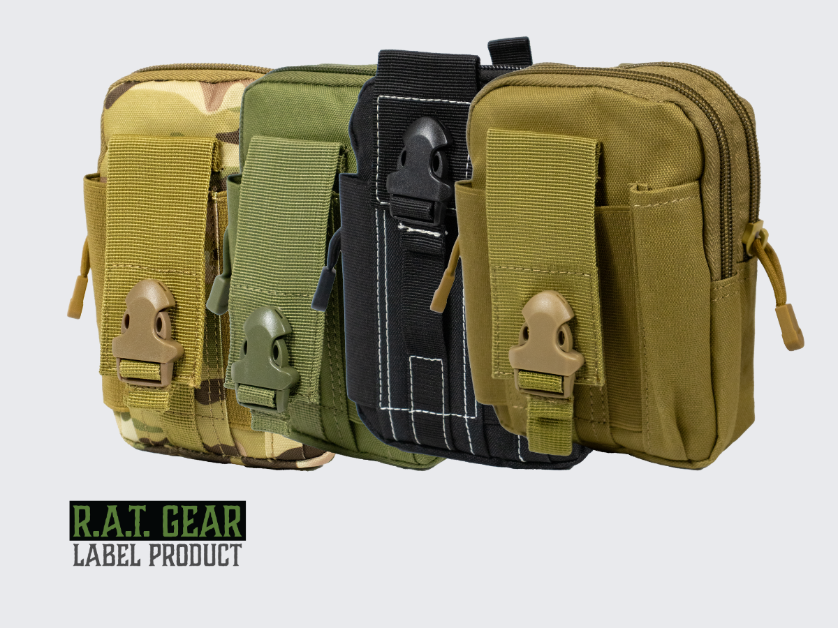 Eri värisiä MOLLE varustetaskuja soljella reppuun, varusteliiviin tai vyölle. Various colors of MOLLE gear pouch with buckle for backpack, gear vest or belt.